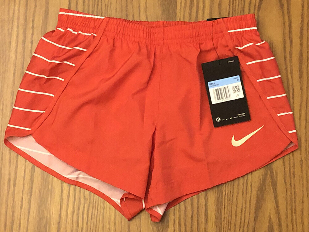 NIKE Girls Sprinter Running Shorts FB CJ7559-631 Size M Orange/White Striped